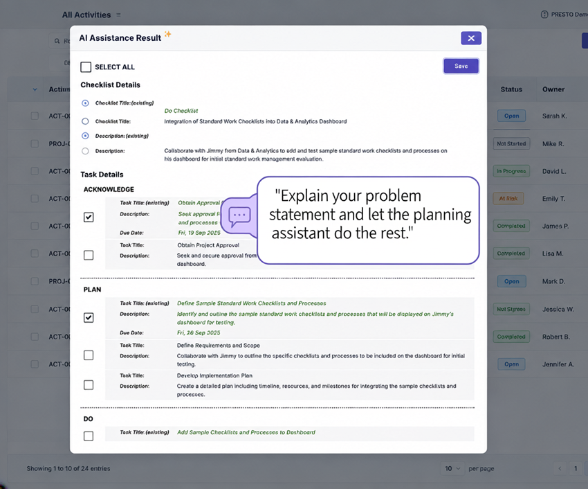 Presto Add Activity panel showing activity type, due date, workflow, title and description fields