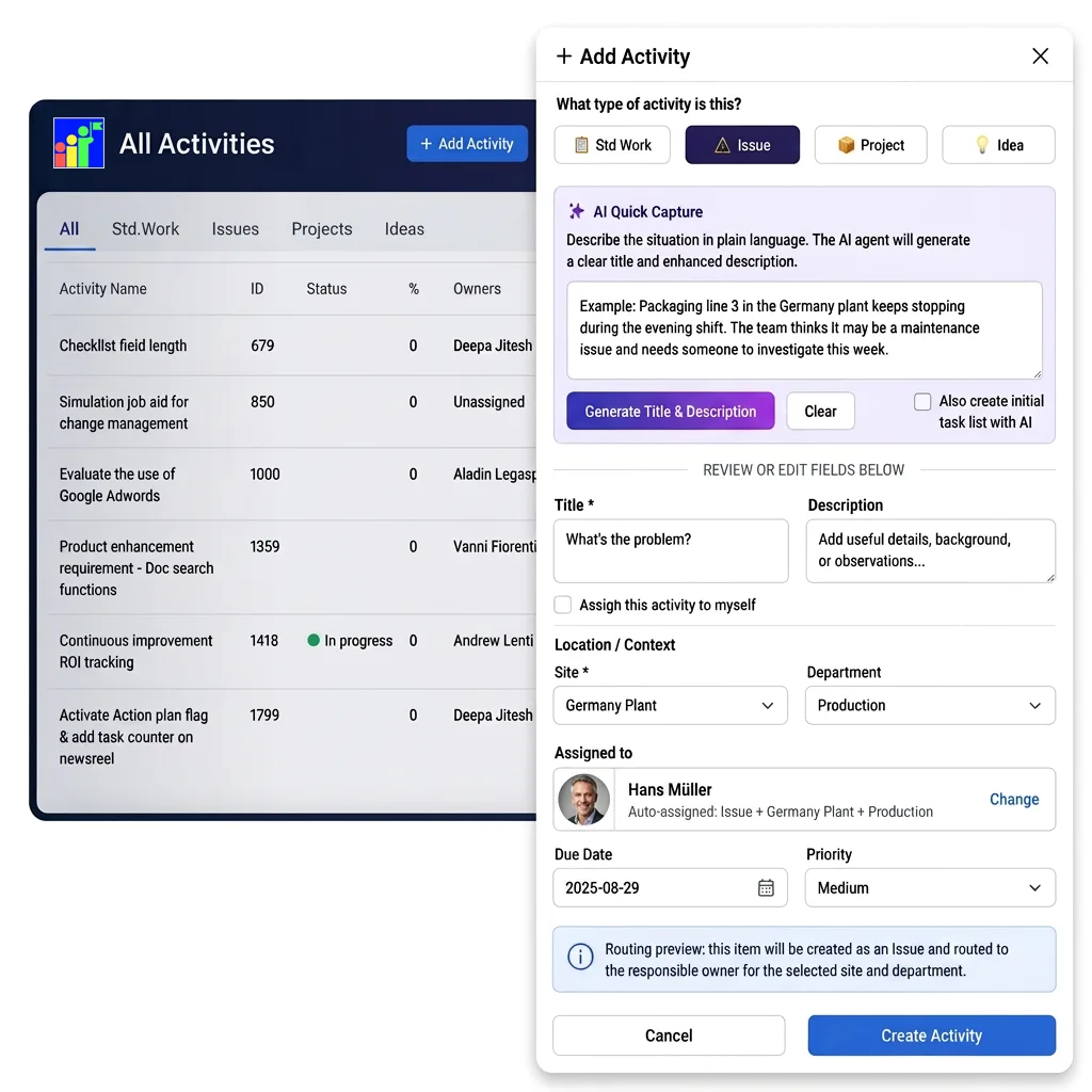 Presto AI-assisted PDCA activity capture helping convert strategic direction into a practical execution plan