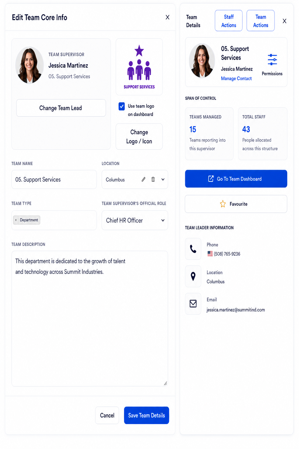 Presto team setup and team details panels showing leadership, team identity, location, span of control and contact information