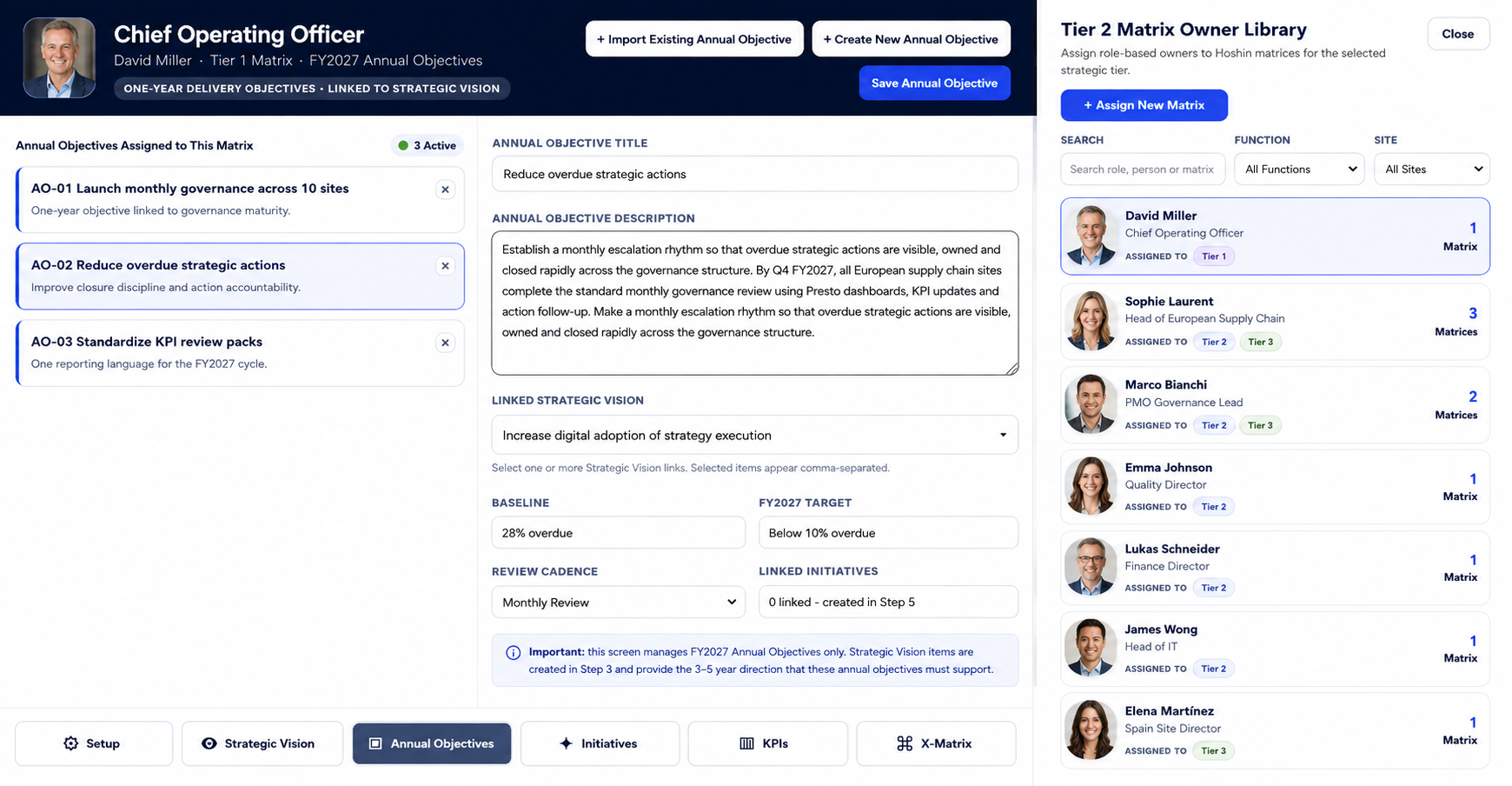 Presto Annual Objectives builder showing strategic objectives, linked vision, planning targets and Hoshin matrix owner assignments