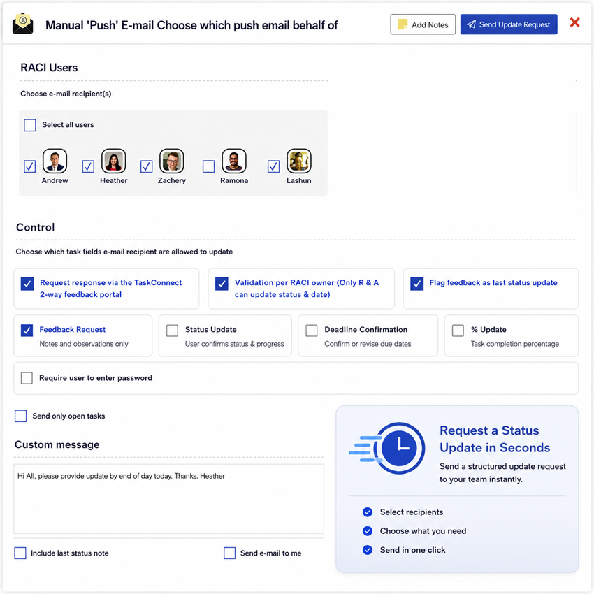 TaskConnect send update request panel