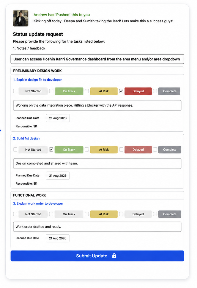 TaskConnect secure update page for providing task status, feedback and due-date information without entering Presto