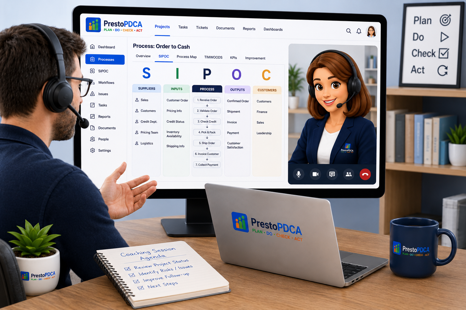 Virtual Presto continuous improvement coaching session reviewing a live SIPOC and process flow