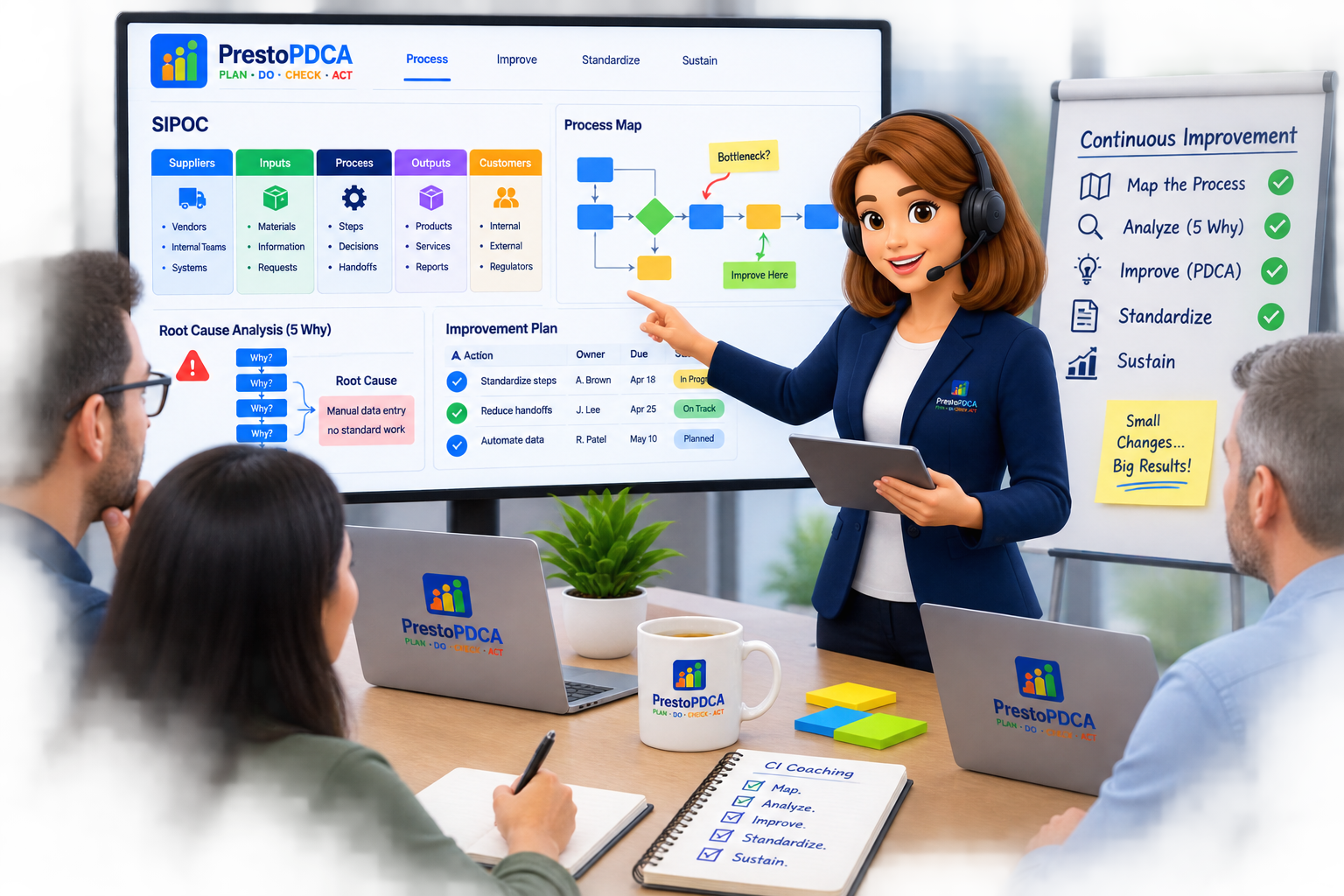 Presto process improvement coaching view highlighting SIPOC, waste, root cause and governed actions