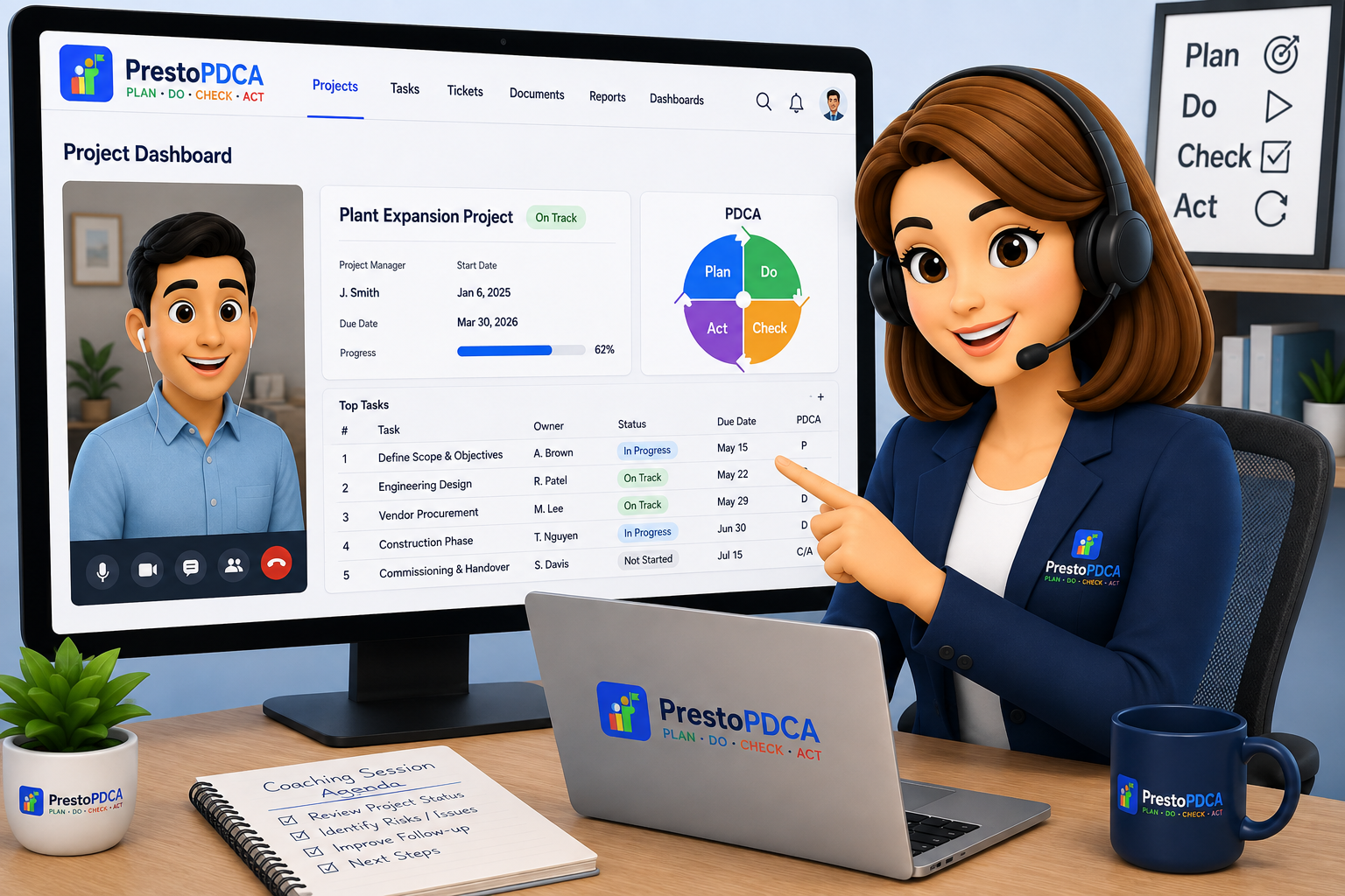 Virtual Presto coaching session reviewing a live project dashboard with a Project Manager