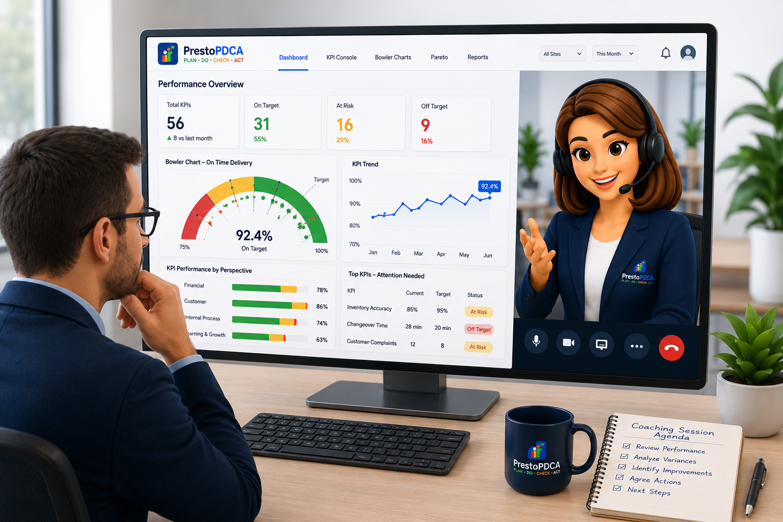 Virtual Presto coaching session reviewing KPIs, Bowler reporting and management performance