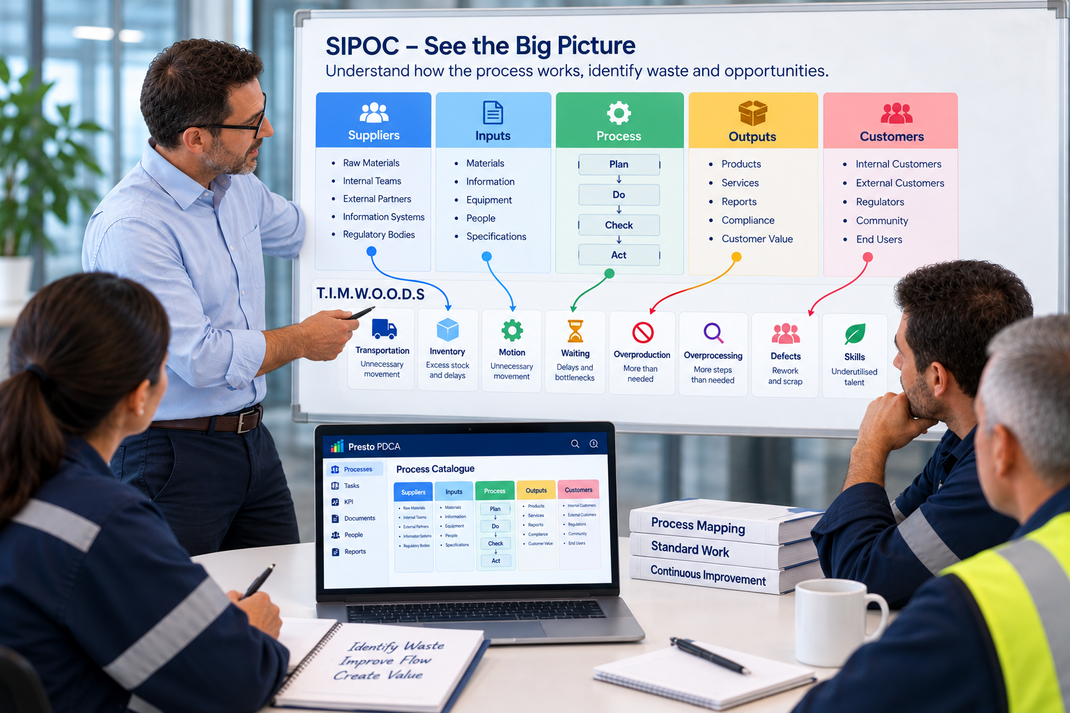 Operational Excellence consultant using a SIPOC workshop to identify TIMWOODS waste reduction opportunities with a client team