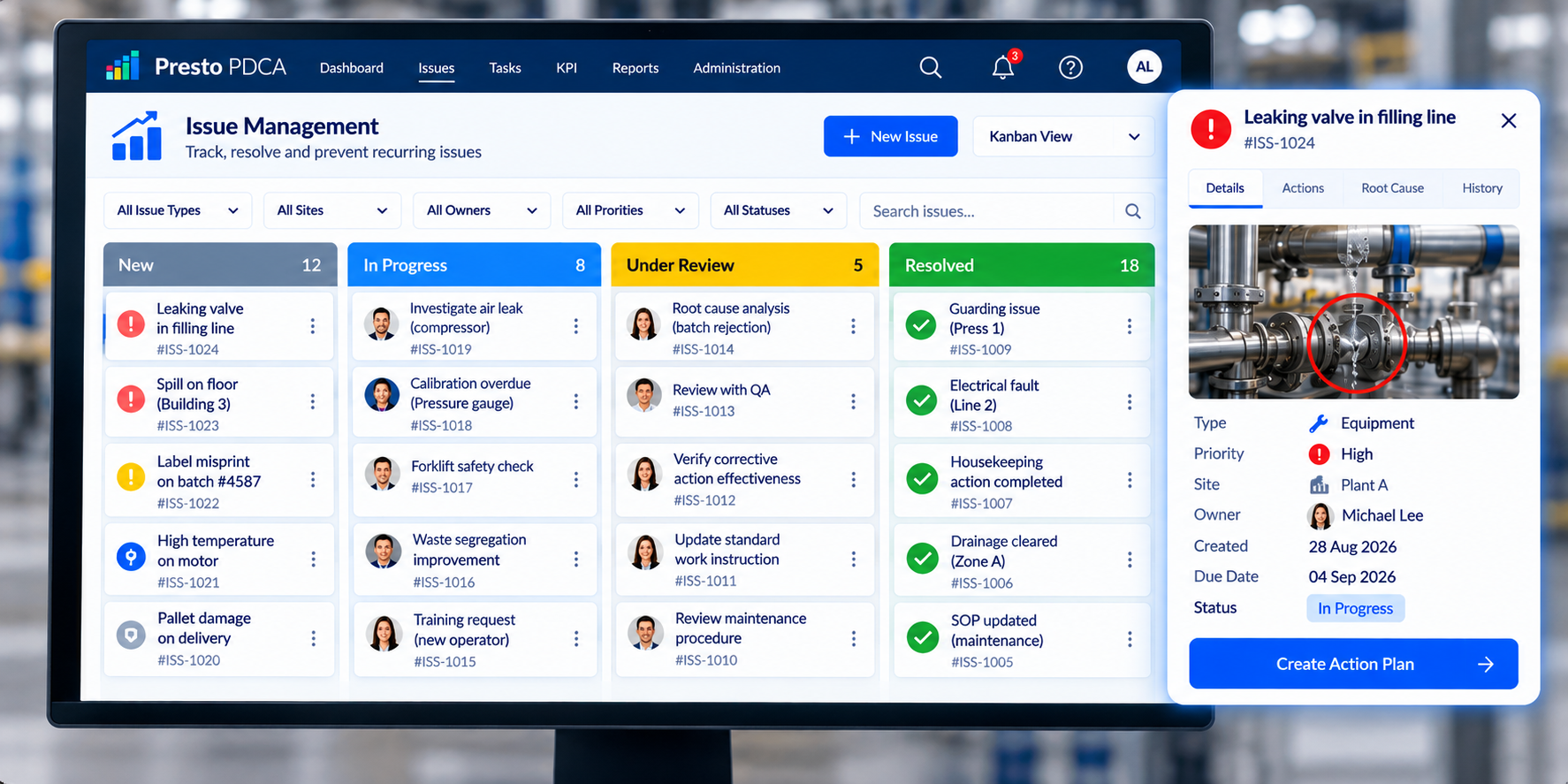 Presto Issue Management Kanban showing issues moving through New, In Progress, Under Review and Resolved stages with a detailed issue panel and action-plan creation