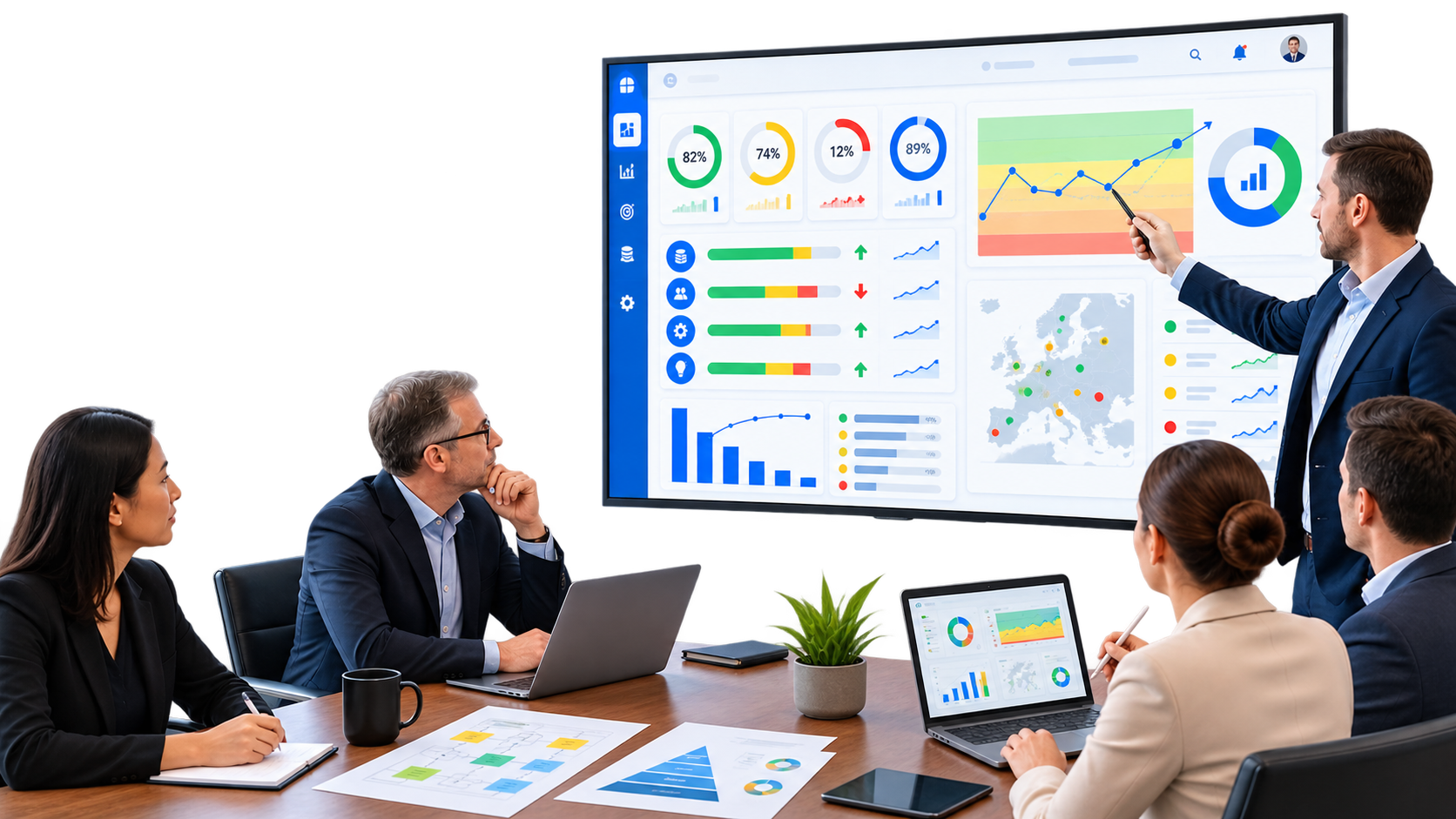 Presto KPI consulting workshop with leadership reviewing performance dashboards and KPI architecture