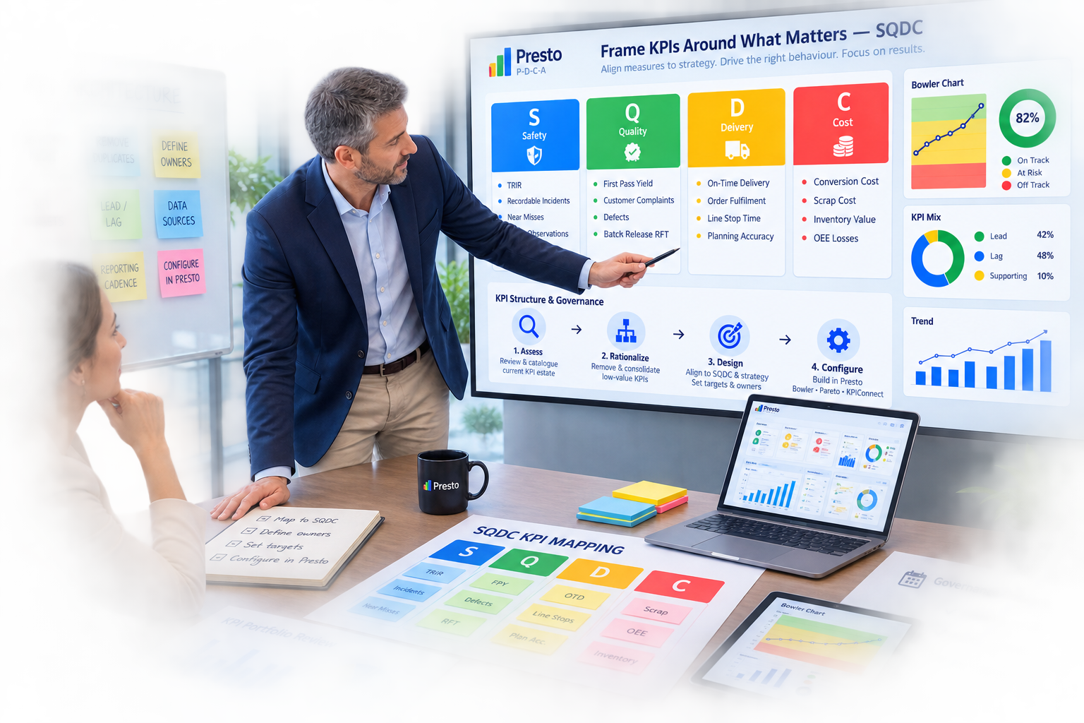 Presto KPI consulting workshop mapping and framing KPIs within an SQDC performance management framework